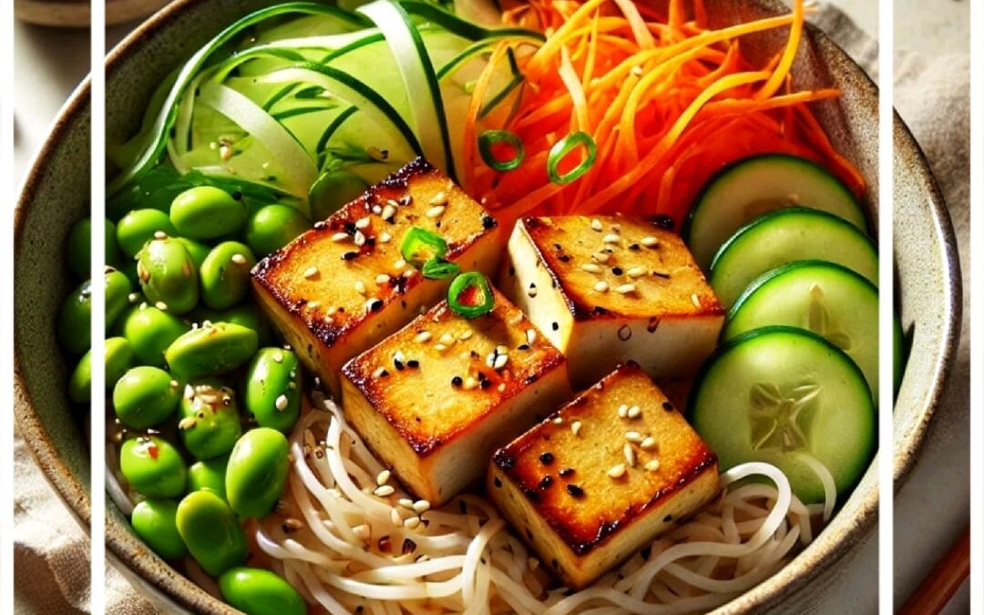 Bowl de Fideos de Arroz con Tofu Marinado y Salsa de Sésamo