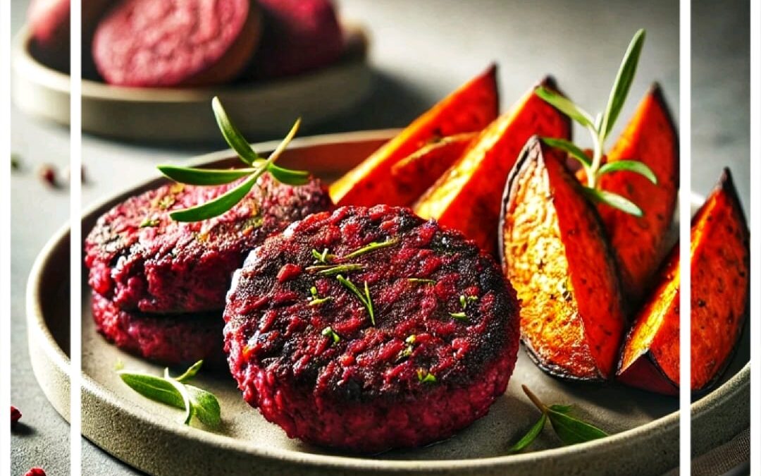 Hamburguesas de lentejas y remolacha con guarnición de batatas al horno y ensalada verde