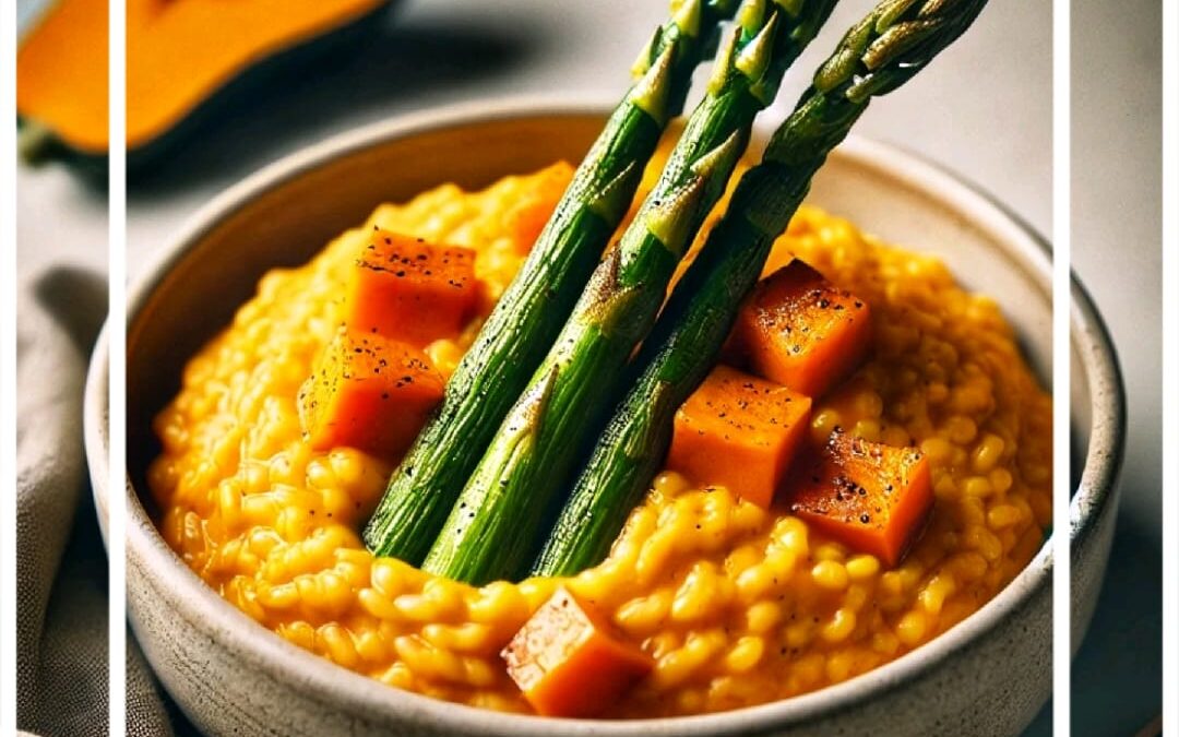 Risotto de calabaza con espárragos y nueces