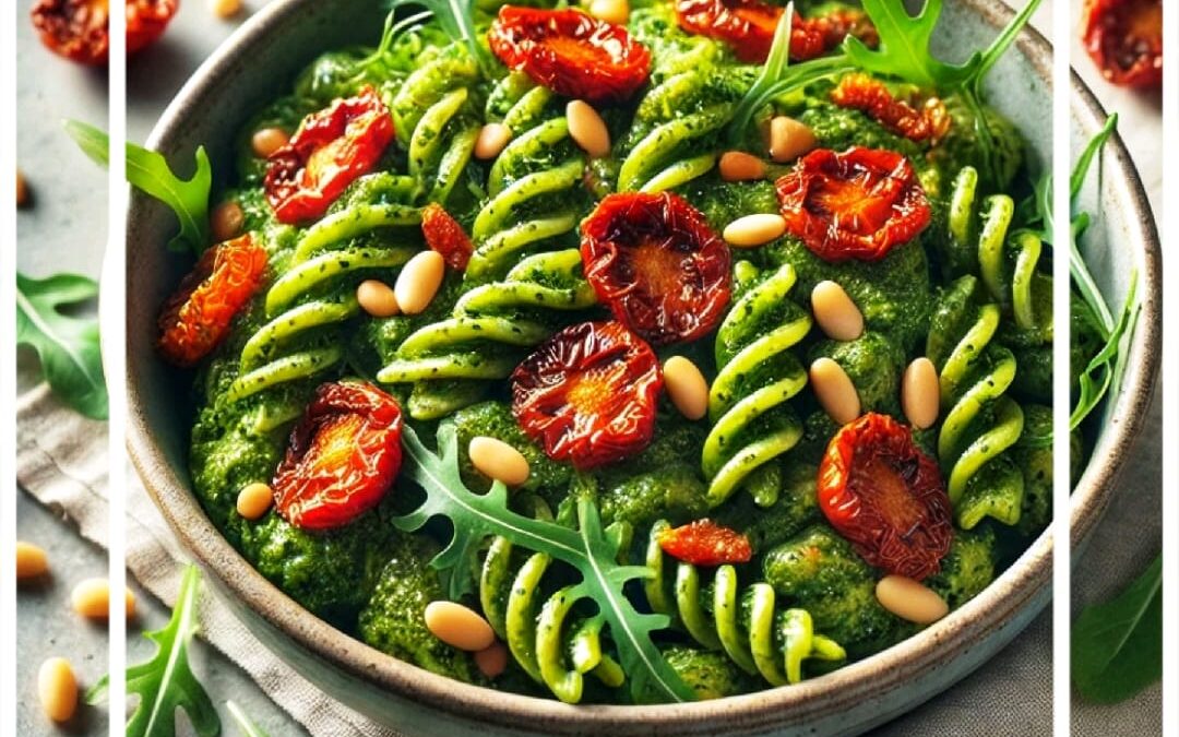 Ensalada de pasta sin gluten con pesto de albahaca, tomates secos, rúcula y piñones