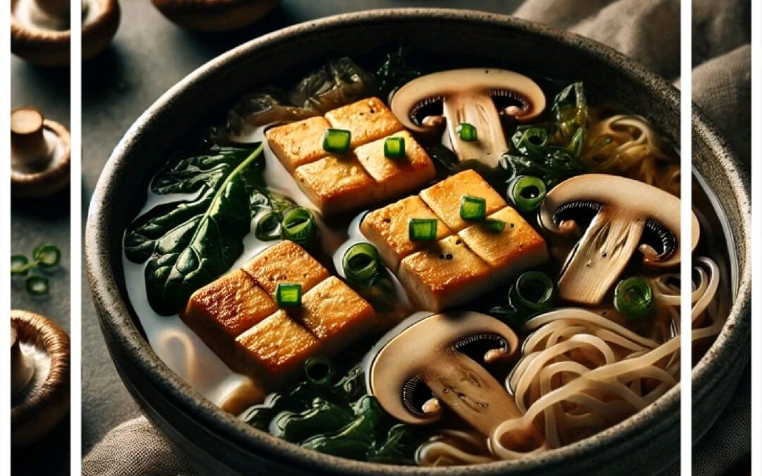 Sopa de miso con tofu, champiñones, algas wakame y fideos de arroz