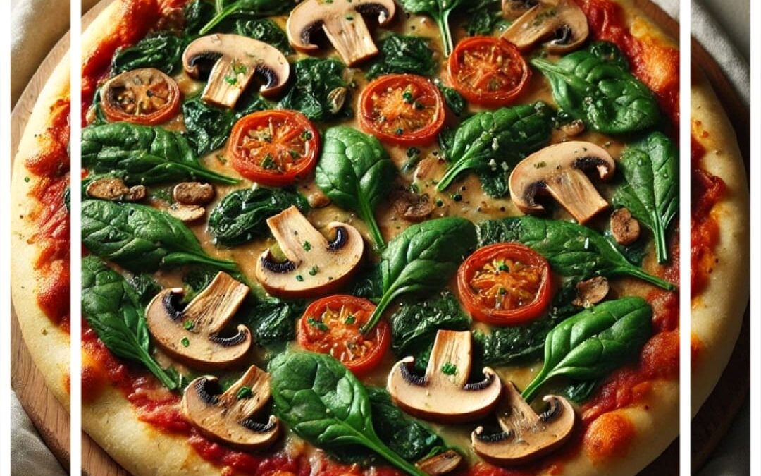 Pizza vegana casera con base de garbanzos, salsa de tomate, champiñones, espinacas y queso vegano