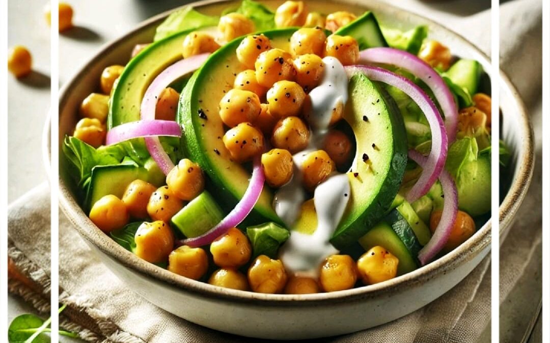Ensalada de garbanzos con aguacate, pepino, cebolla morada y aderezo de yogur