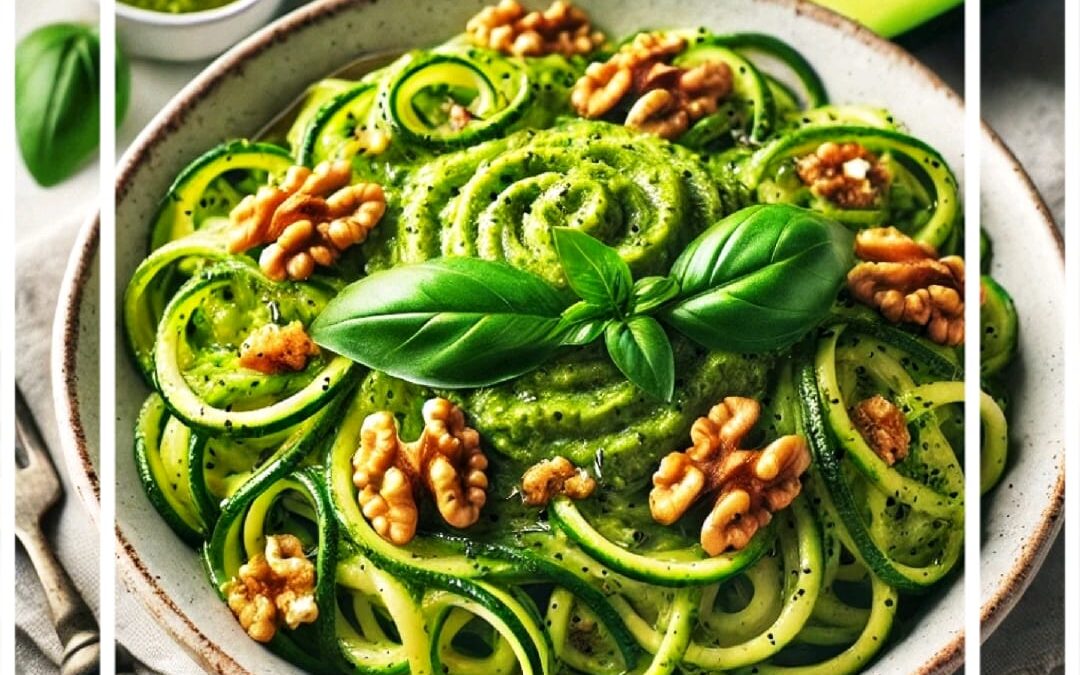 Espaguetis de calabacín con pesto de aguacate y nueces